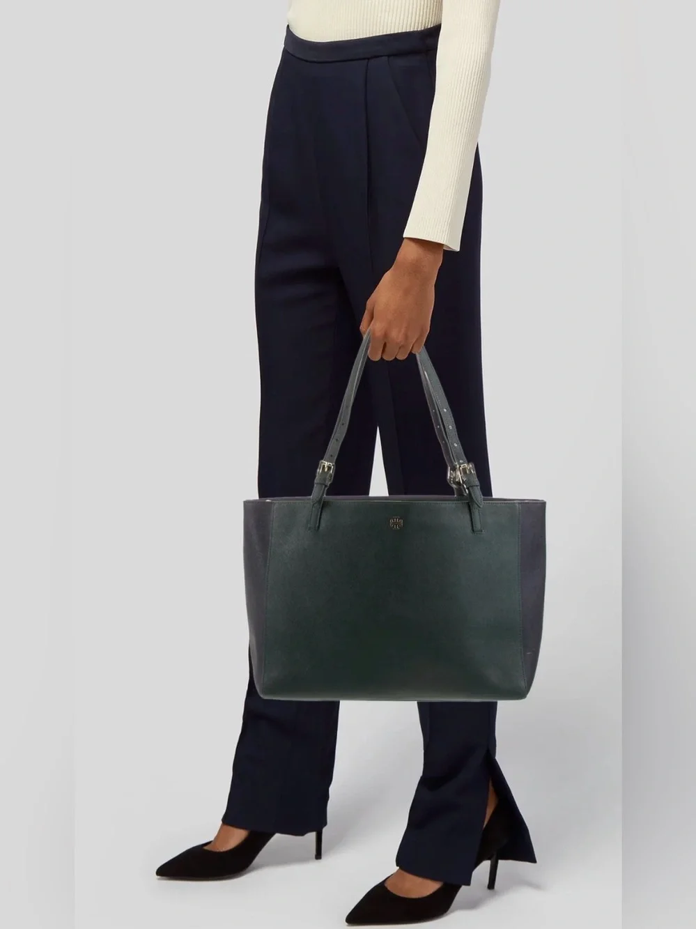 Tory Burch Saffiano Leather Tote green/navy blue